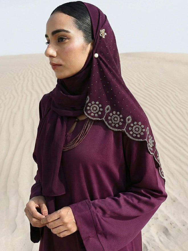 ISHIN Purple Georgette Regular Abaya with Embellished Hijab - Image 2
